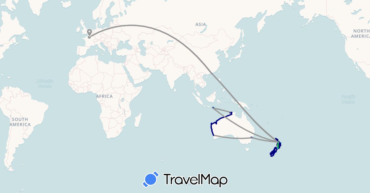 TravelMap itinerary: driving, bus, plane, train, hiking, boat, motorbike in Australia, France, Hong Kong, Indonesia, New Zealand (Asia, Europe, Oceania)